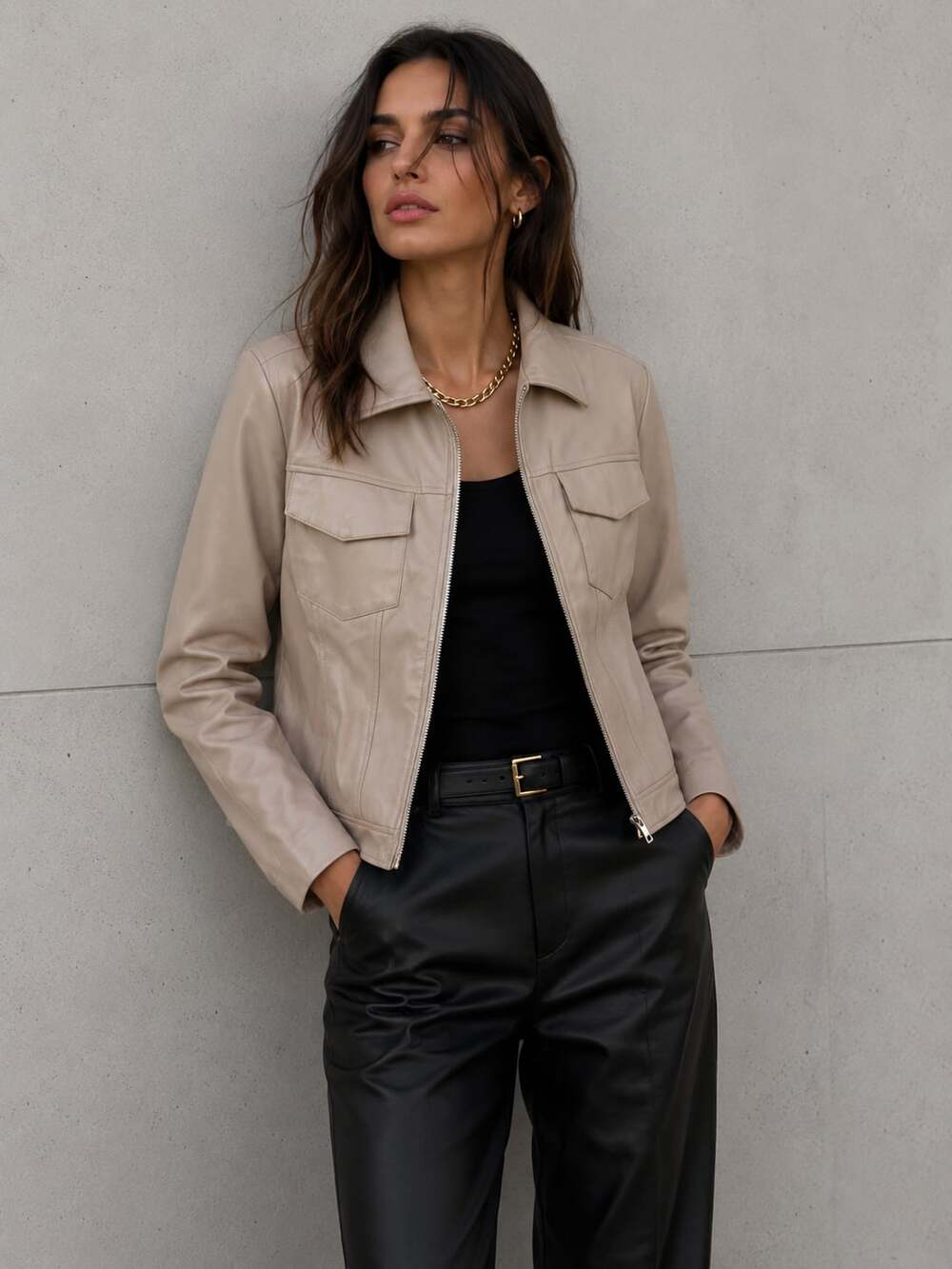 Elie Tahari Faux Leather Zip Jacket Taupe Beige Utility Minimalist Women’s